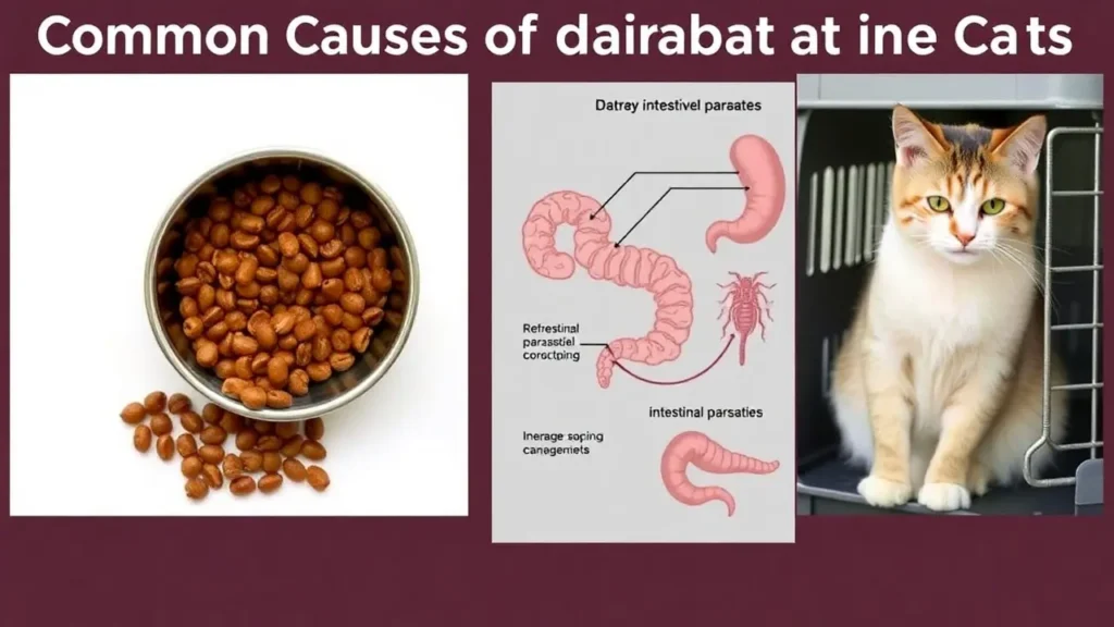 Illustrations of cat diarrhea causes, including food, parasites, and stress.