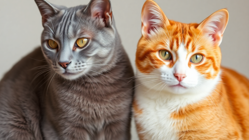 Close-up of a grey cat and an orange and white cat with contrasting fur patterns.