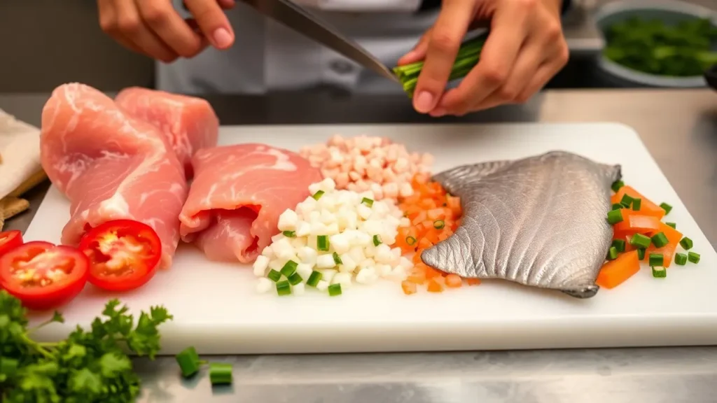 Fresh USDA-certified chicken, fish, and vegetables being prepared on a cutting board in a clean kitchen.