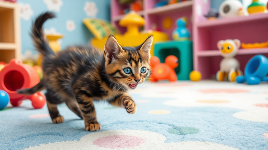 A dilute tortoiseshell kitten playfully chasing a toy in a vibrant playroom.