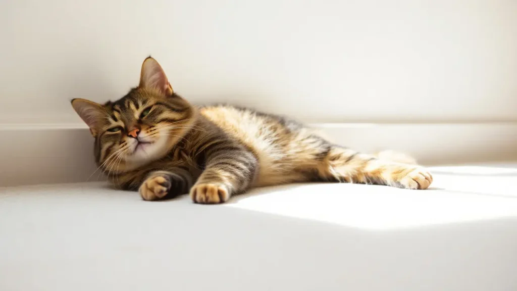 A peaceful cat lounging in a sunlit corner of a room, looking satisfied.