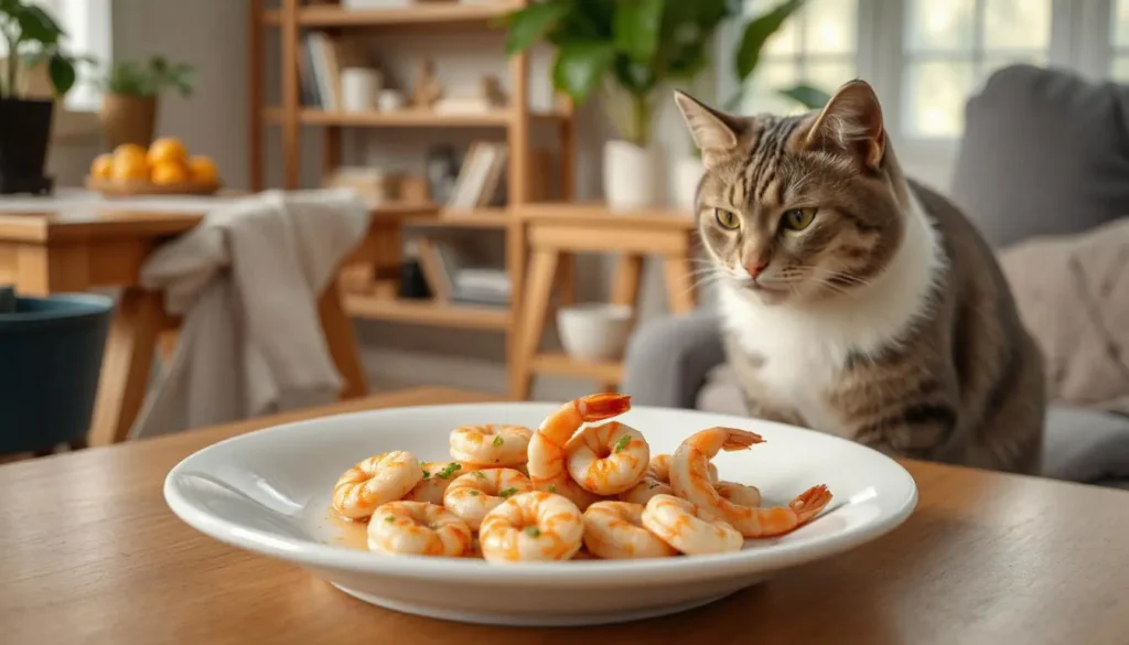 A chart showing shrimp's nutrients—protein, omega-3s, and vitamins—next to a cat enjoying its meal.