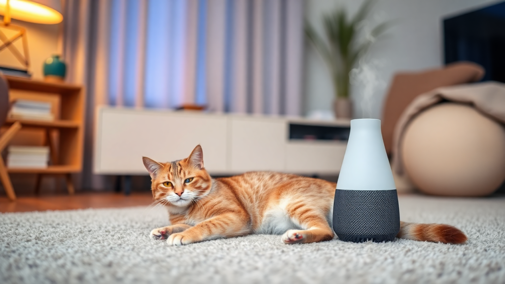 A relaxed cat lying on a carpet in a serene home environment with warm lighting.