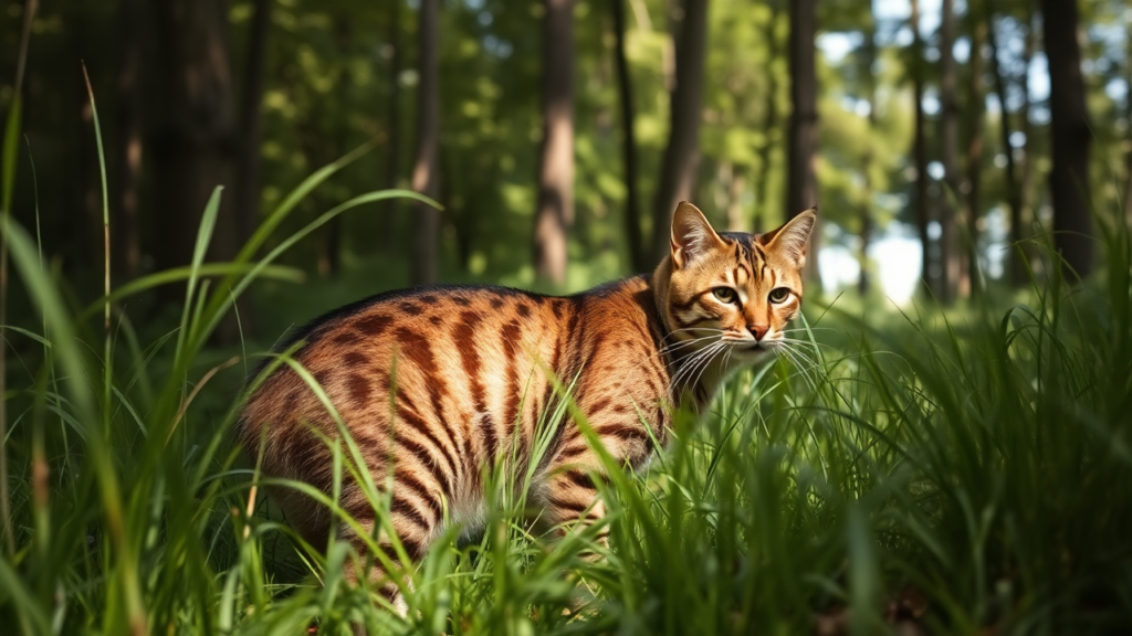 A brown tabby cat blending into tall grass in a forested area.