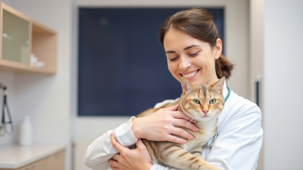 A veterinarian examining a calm cat in a clean, modern clinic.