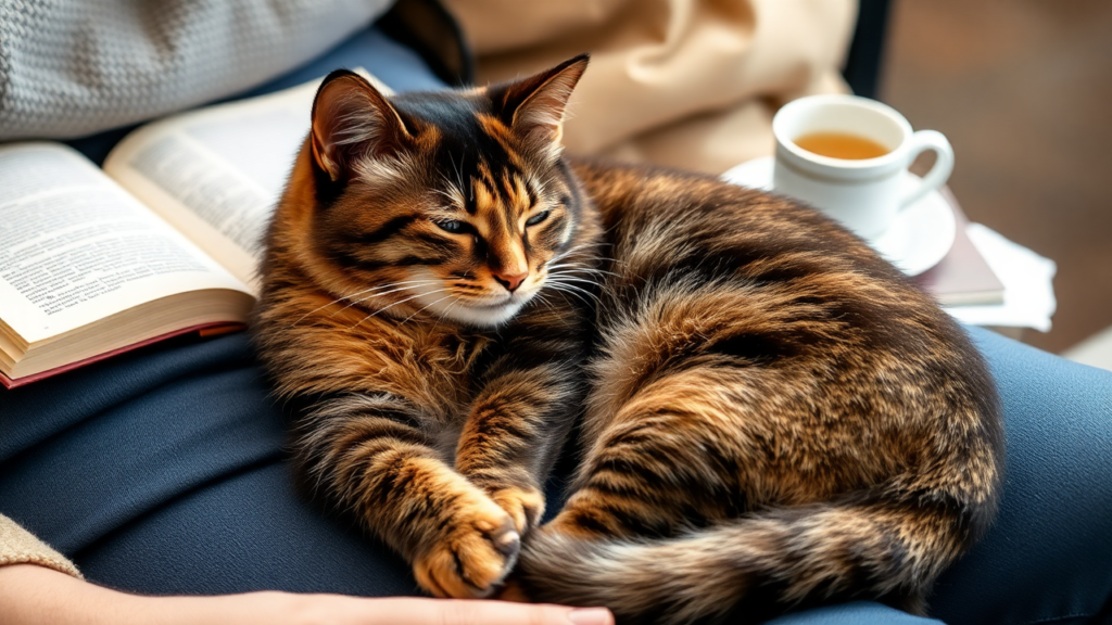 A dilute tortoiseshell cat curled up on its owner’s lap in a cozy living room, exuding contentment.