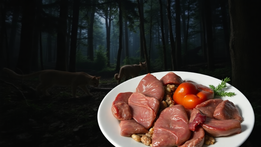 A wild cat in a shadowy forest near a plate of organ-rich wet food, inspired by natural feline instincts.