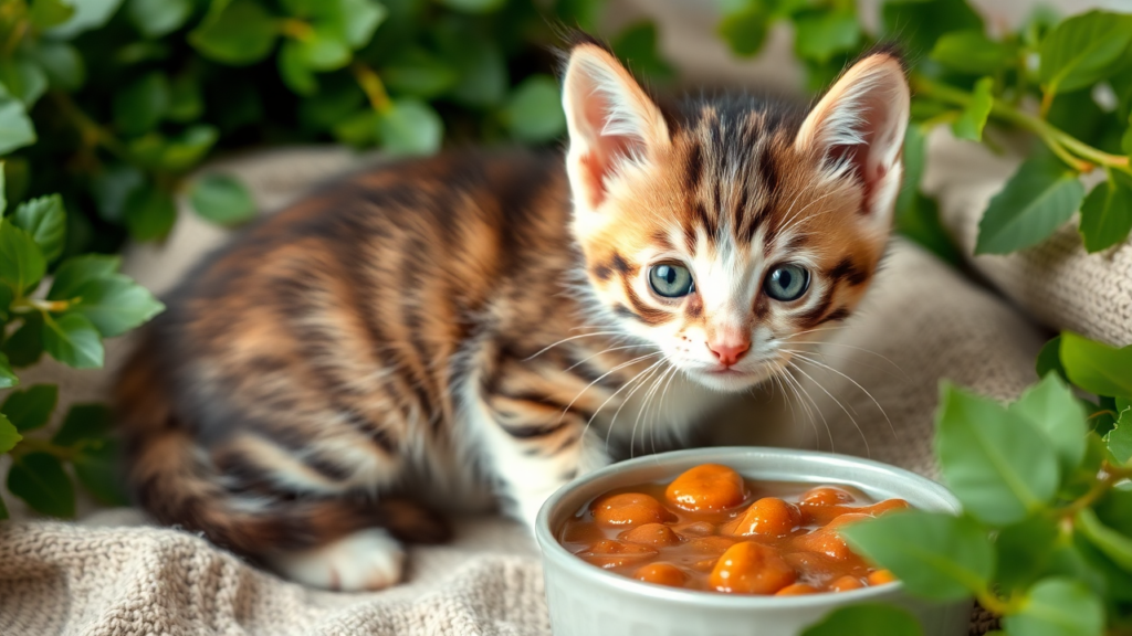 A curious kitten near a bowl of soft, high-protein wet food surrounded by natural greenery.