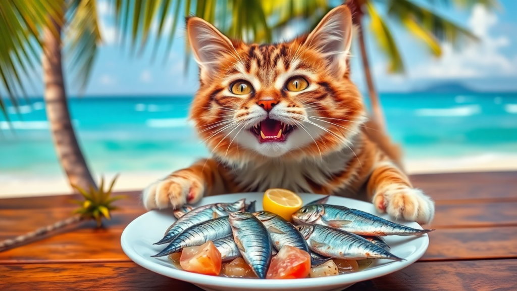 A playful cat enjoying seafood in a tropical setting with ocean waves and palm trees in the background.