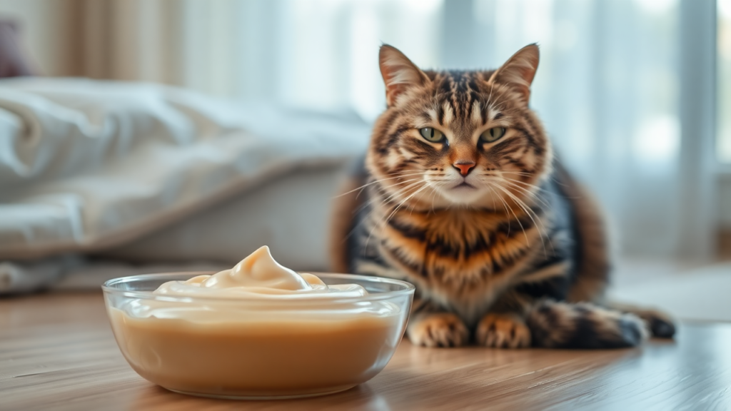 A serene older cat enjoying mousse-like wet food in a cozy indoor setting with warm lighting.