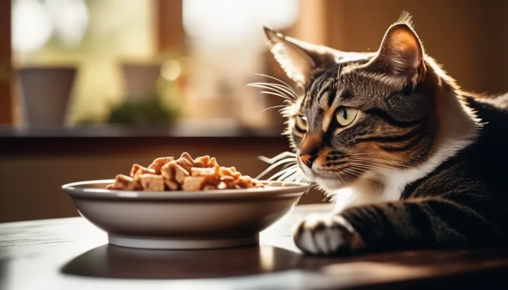 A curious cat sniffing a bowl of fresh cat food garnished with freeze-dried treats and chicken broth in a cozy setting.