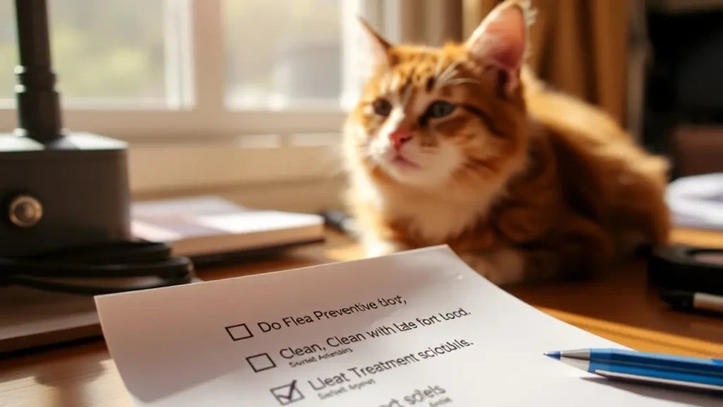 A checklist with flea prevention steps on a desk and a cat in the background.