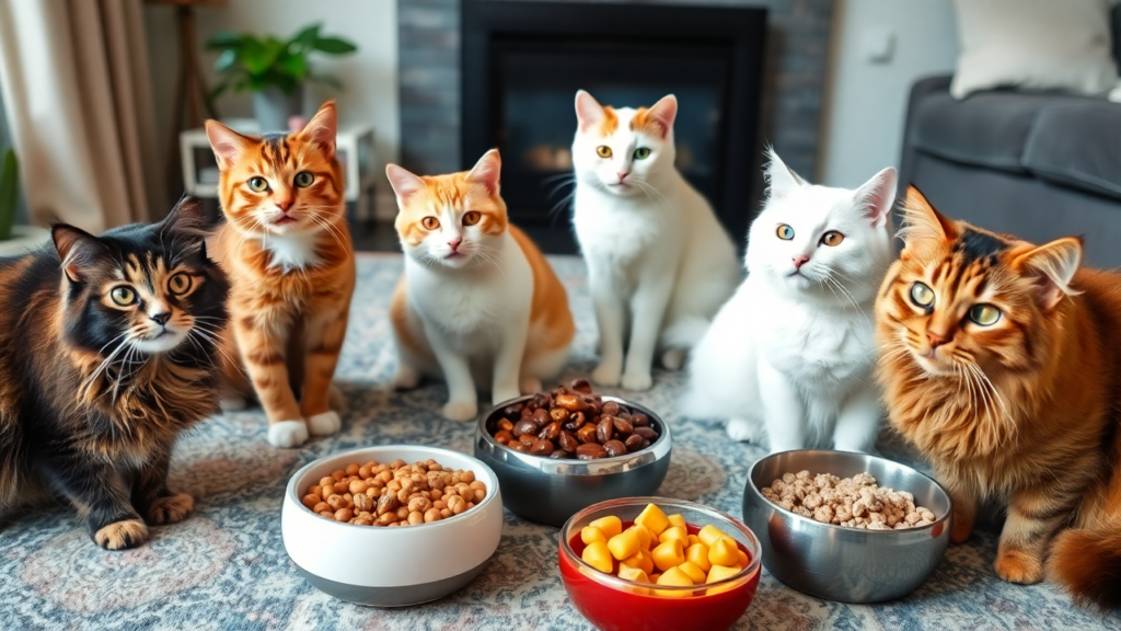 Playful cats of different breeds near bowls of natural-looking cat food in a cozy living room.