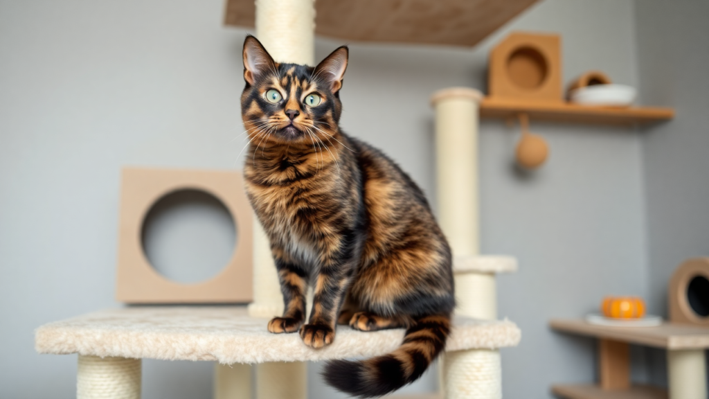 A confident dilute tortoiseshell cat climbing a cat tree in a cozy living room.