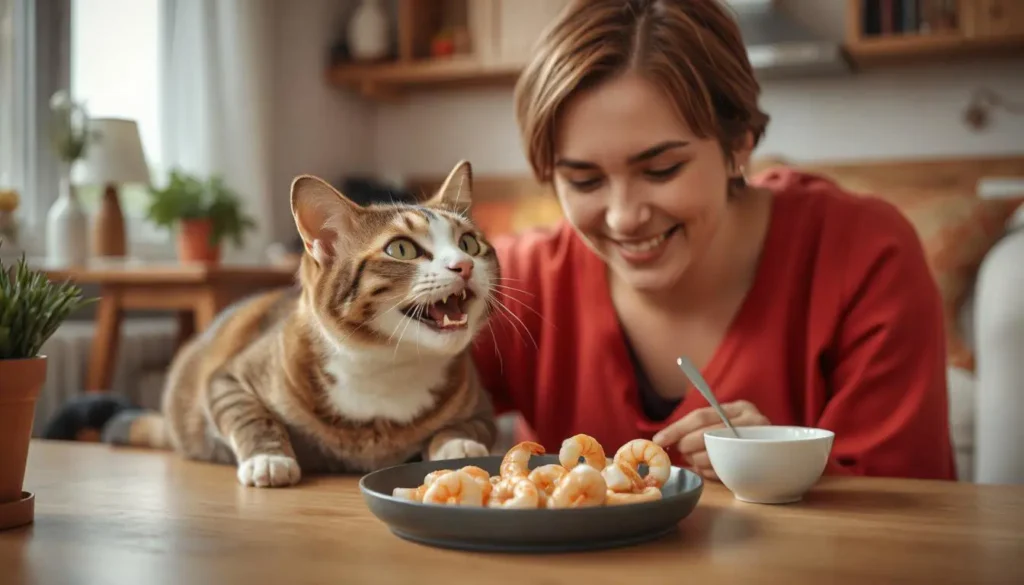 A happy cat enjoying shrimp in a cozy home setting with its smiling owner.