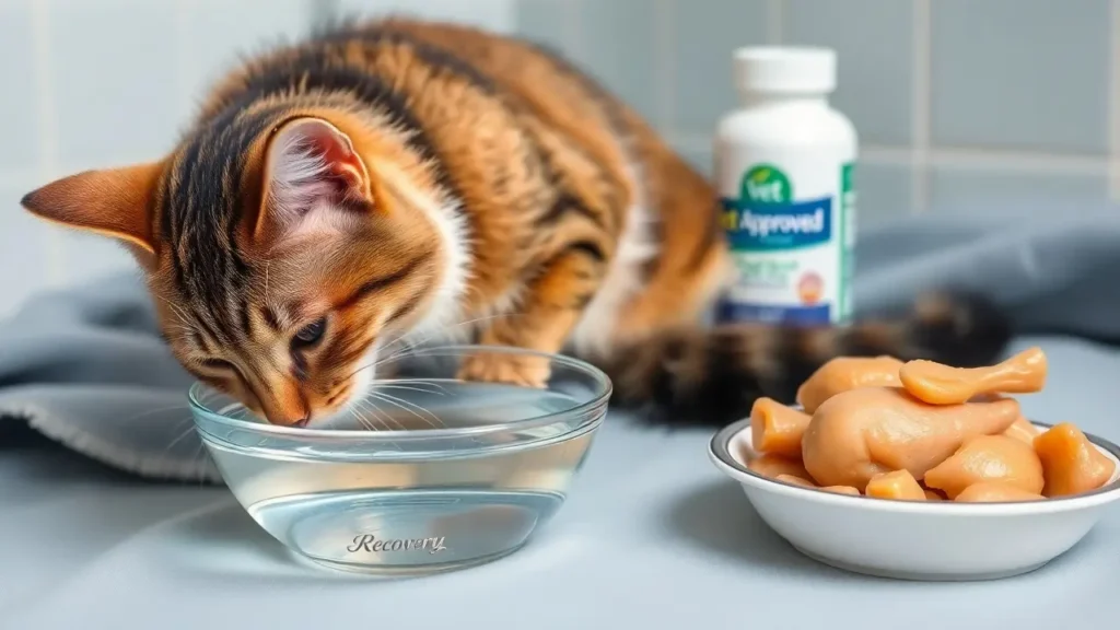 A recovering cat drinking water with a dish of boiled chicken and medicine nearby.