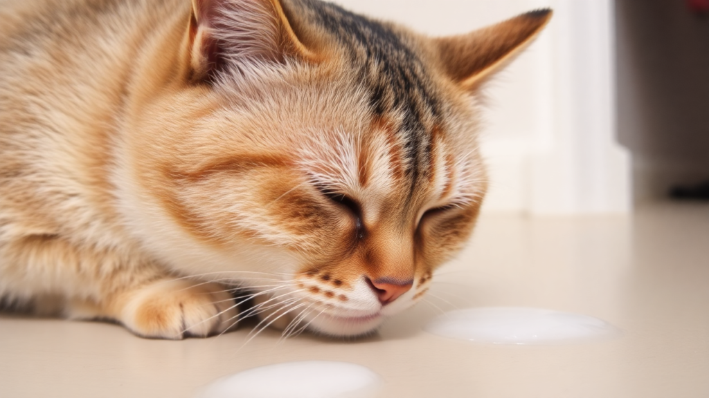 A close-up of a cat looking unwell with white foam near its mouth.