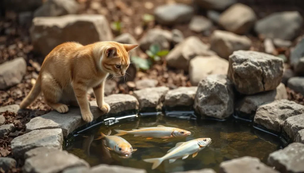 A curious cat looking at fish swimming in a pond, representing its natural connection to seafood.