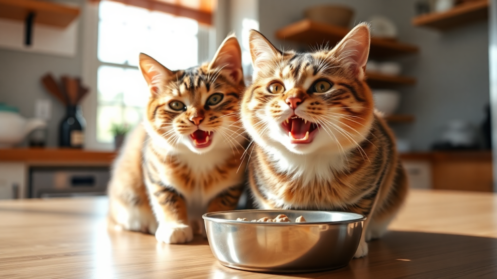 A well-groomed cat eating from its bowl in a sunny kitchen.