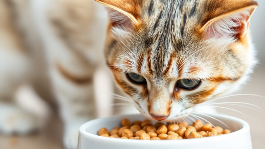 A cat eating from a bowl, appearing healthy and vibrant.