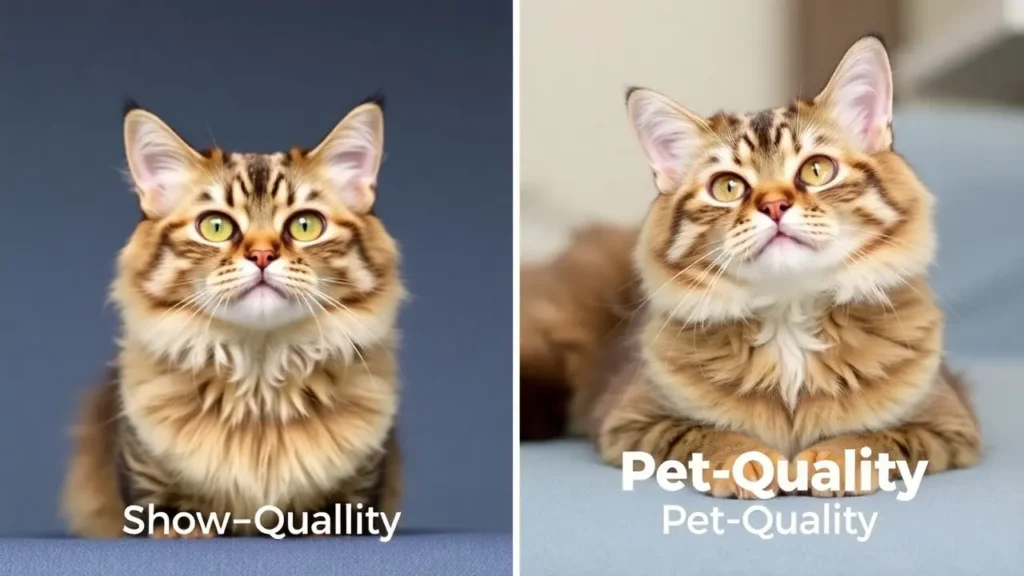 Two Maine Coon cats comparing show-quality and pet-quality traits.