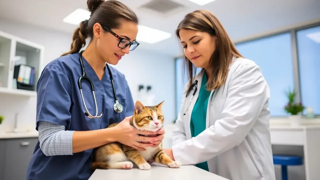 A veterinarian gently examining a cat in a modern clinic.