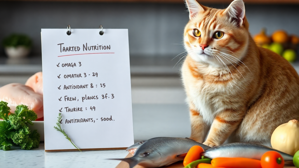 A senior cat sitting near a notepad with nutritional notes, surrounded by fresh, natural ingredients like chicken and vegetables.