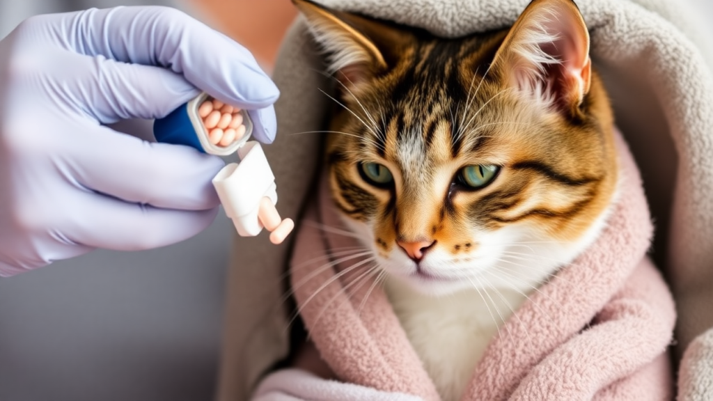 A cat owner gently using a pill shooter to administer a pill to a wrapped, calm cat.