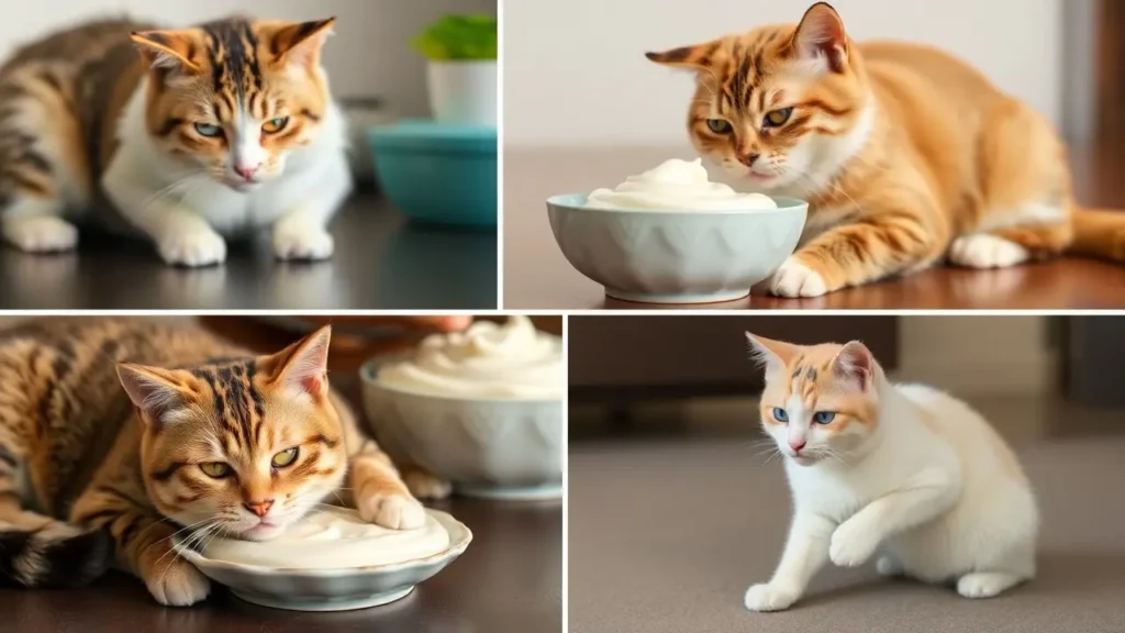 Multiple cats enjoying creamy food in unique ways, including training and food toppers.