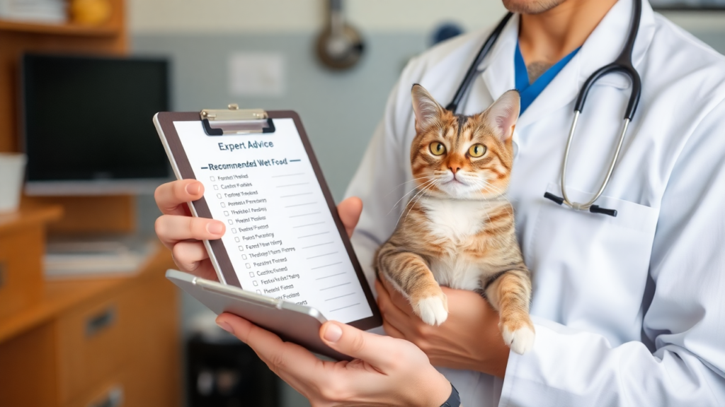 A veterinarian in a clinic, reviewing a list of recommended wet cat food options while gently holding a well-fed, happy cat.