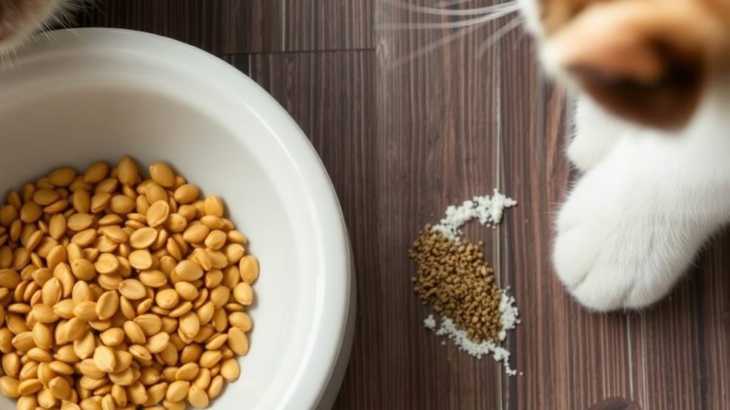 A bowl of cat food with natural deworming ingredients like pumpkin seeds nearby.