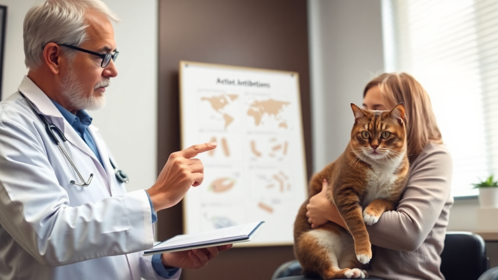 A veterinarian explaining antibiotic treatments to a cat owner holding their calm cat.