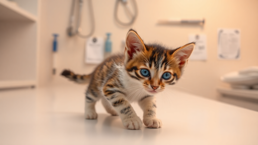 A lively kitten playing on a table in a veterinary clinic.