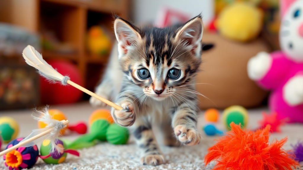 A playful dilute tortoiseshell kitten with soft gray and cream fur chasing a feather wand in a cozy room.