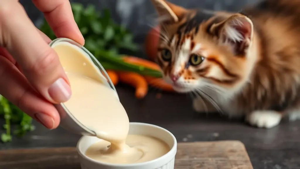 A hand pouring creamy food into a small bowl as a cat looks on eagerly.