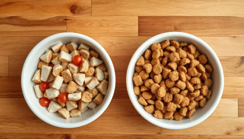 A bowl of fresh Smalls cat food with chicken and vegetables placed next to a bowl of traditional kibble on a wooden countertop.