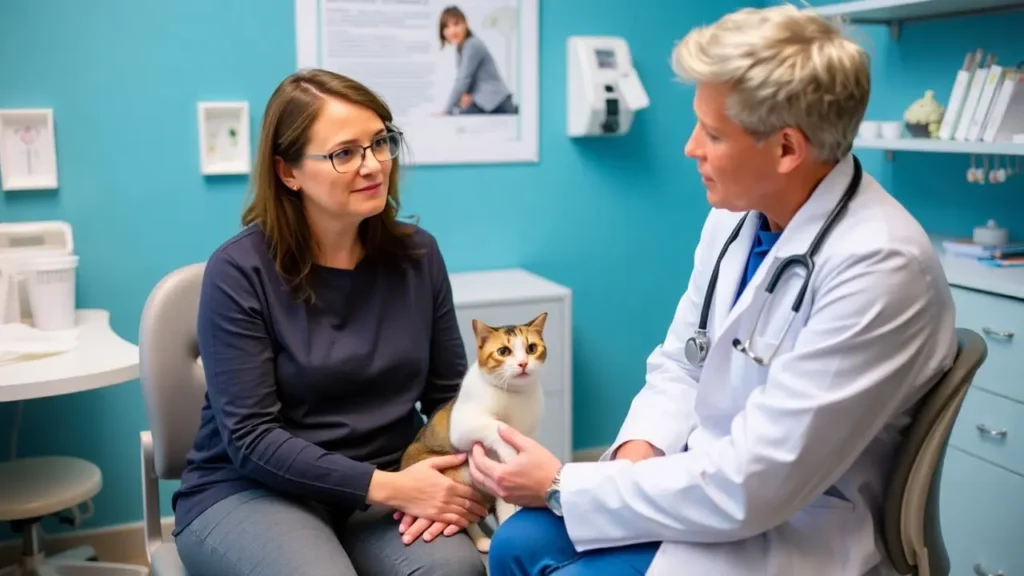 A cat owner consulting with a veterinarian about flea treatment options