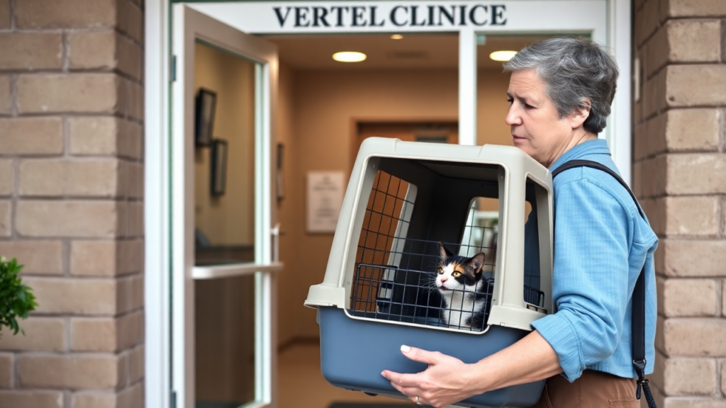 A concerned cat owner carrying a pet carrier into a veterinary clinic for emergency care.