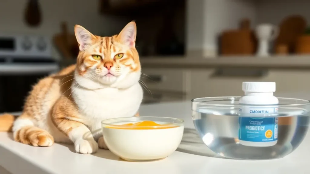 A domestic cat sitting beside a bowl of pumpkin puree and a container of probiotics in a cozy kitchen.