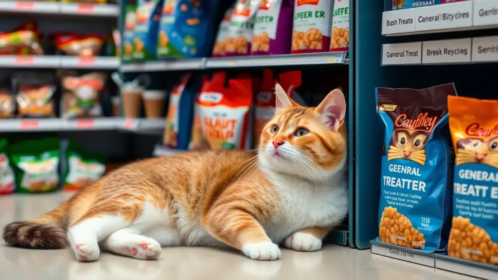 A cat lounging near a shelf with general pet treat options subtly displayed.