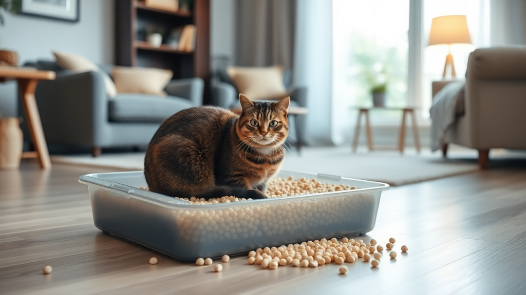 A cat comfortably using a litter box filled with pine pellets in a cozy, well-lit room.