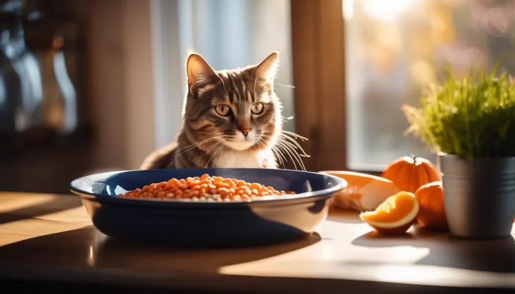 A healthy cat with a shiny coat sitting beside a bowl of fresh cat food, made with chicken, carrots, and pumpkin, in a cozy home setting.