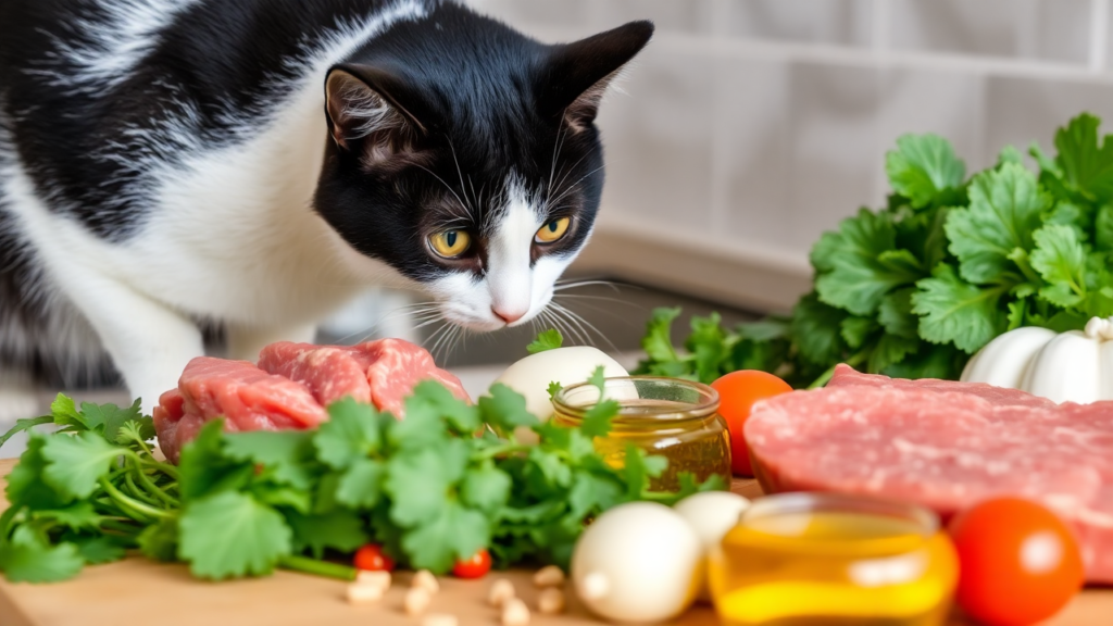 A black-and-white cat exploring fresh ingredients like raw meat and greens on a countertop.