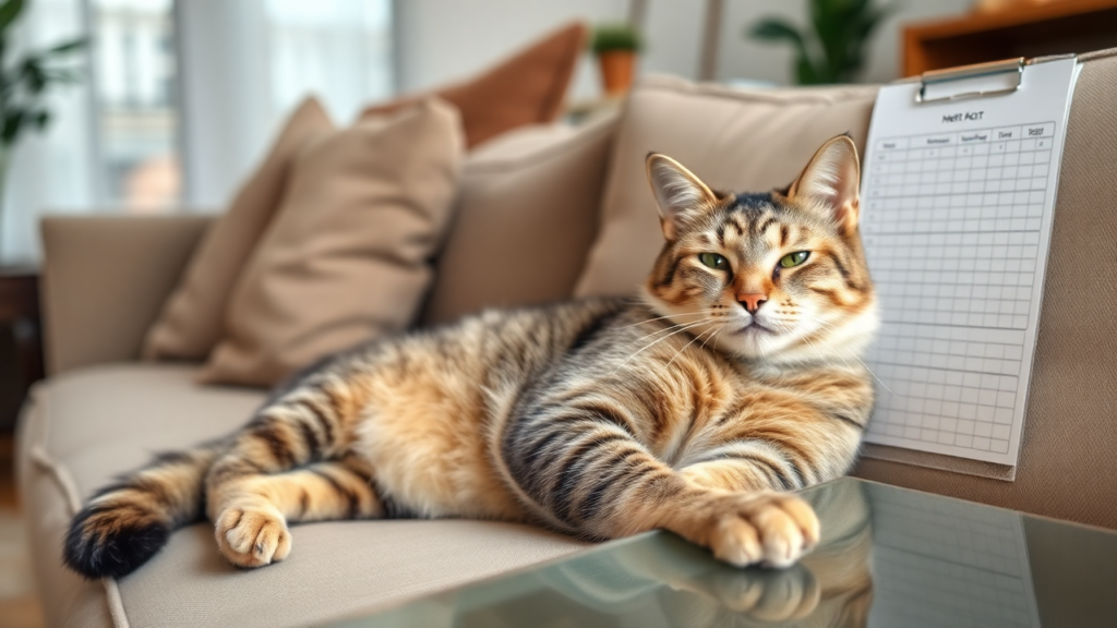 A relaxed cat resting on a sofa in a cozy home setting.