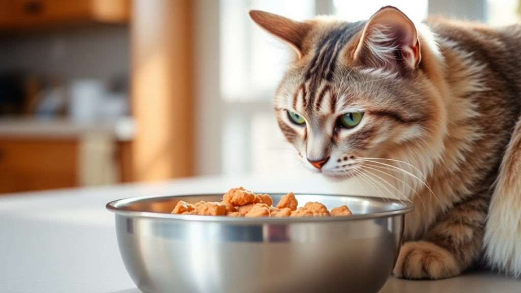 An older cat eating soft, moist food from a stainless steel bowl in a calm, sunlit kitchen.