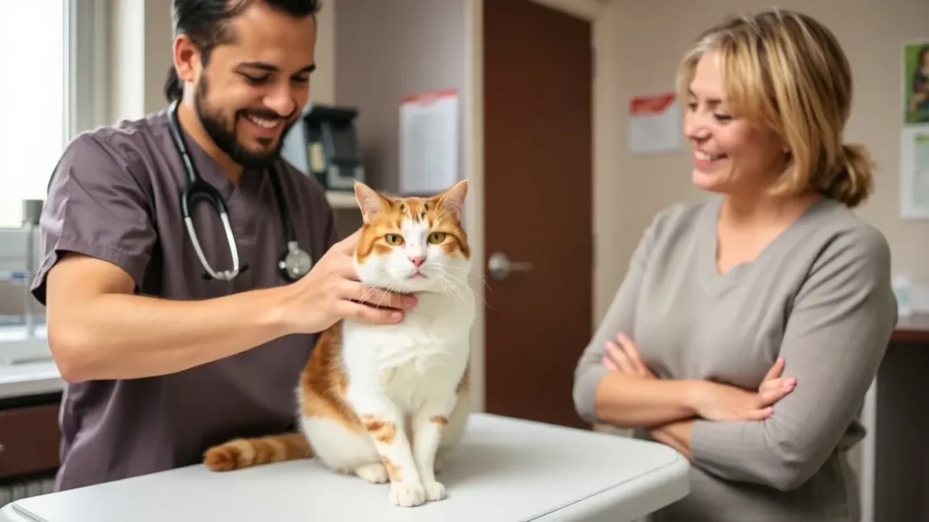 A veterinarian gently petting a calm cat during a consultation.