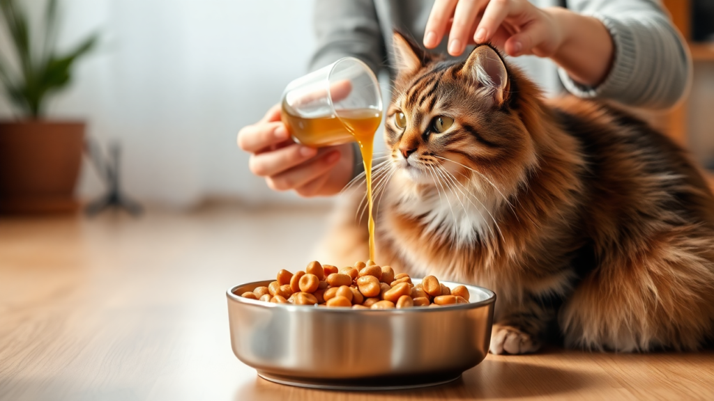 A well-groomed cat sitting beside a bowl of wet cat food, with a pet owner gently serving the meal.