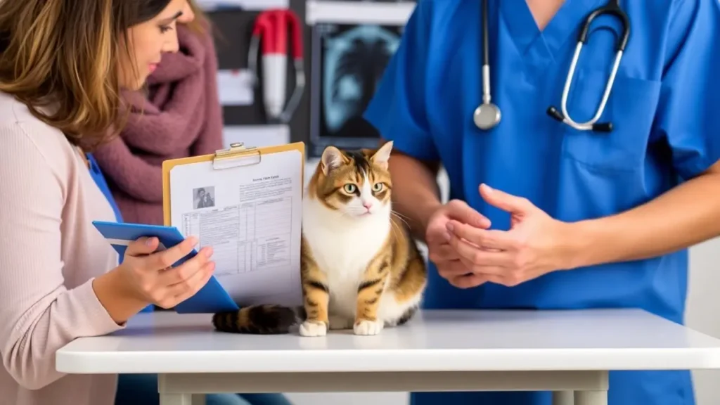 A pet owner and veterinarian discussing a cat’s health, with the cat sitting calmly on the exam table.