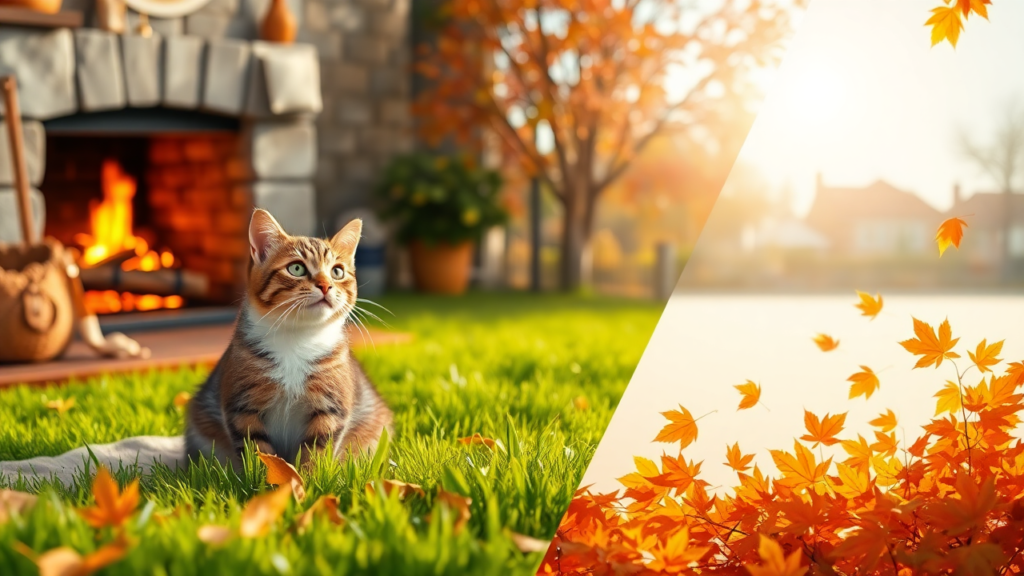 A cat exploring seasonal environments: resting by a fireplace, sitting on grass, and playing in autumn leaves.