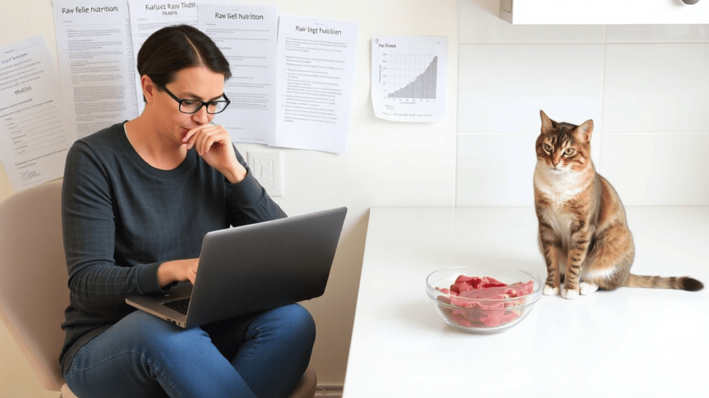 A cat owner researching raw diets on a laptop, surrounded by notes on feline nutrition, while a calm cat sits next to a bowl of fresh raw meat.